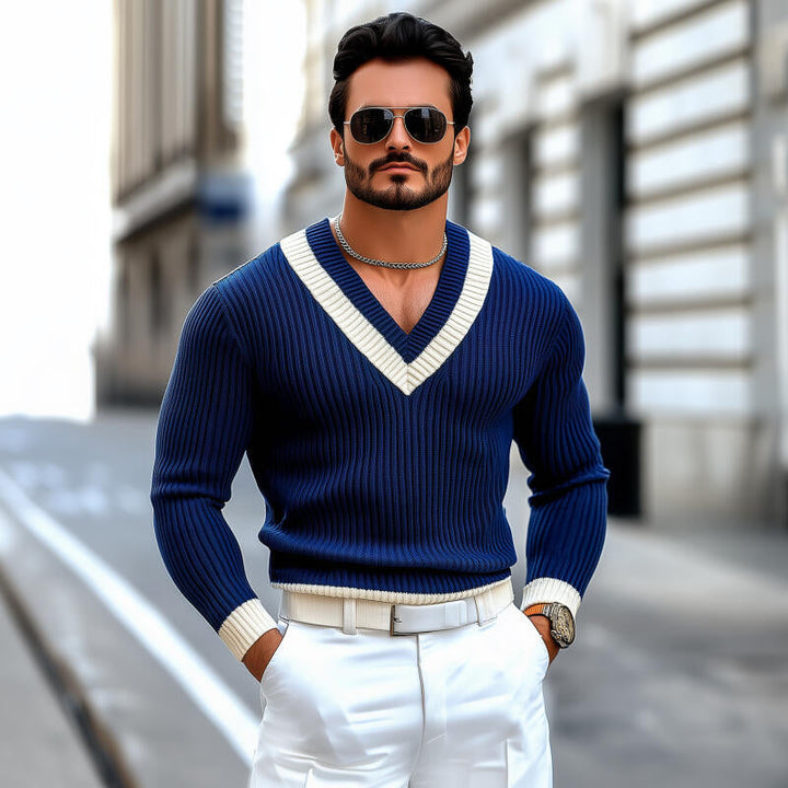 Pánský Vintage Kontrastní Svetr s V-výstřihem, Slim Fit, Dlouhý Rukáv MTA2709H9M