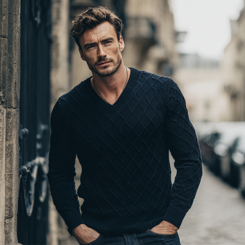 Pánský svetr s výstřihem do V v jednobarevném provedení s texturou v rombách MTA1351H3X
