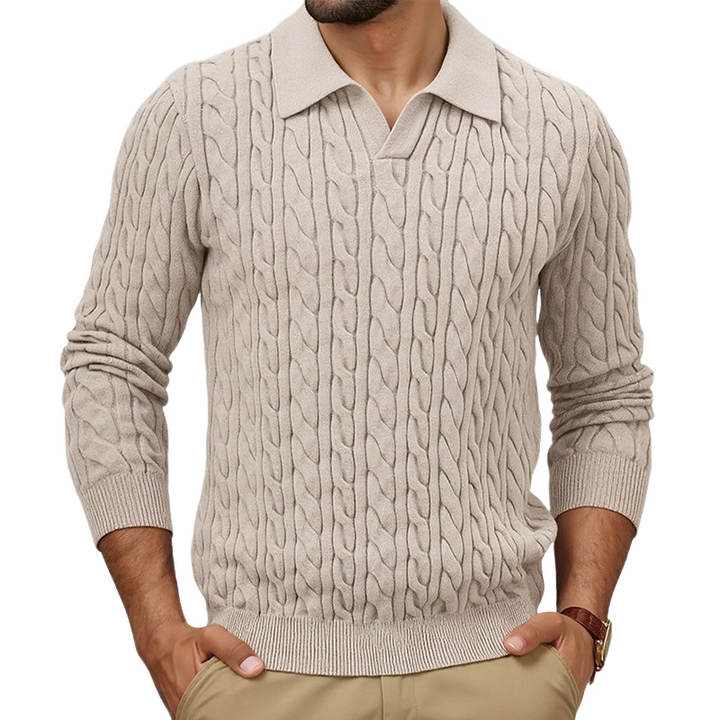 Pánský polo svetr s výstřihem, slim fit, v jednobarevném provedení, s pletenou texturou MTA1373H6X