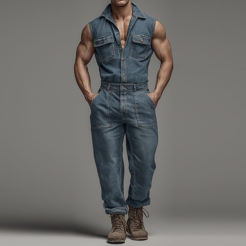 Pánský Retro Casual Praný Džínový Bezrukávník s Límcem MTA0440H4TO