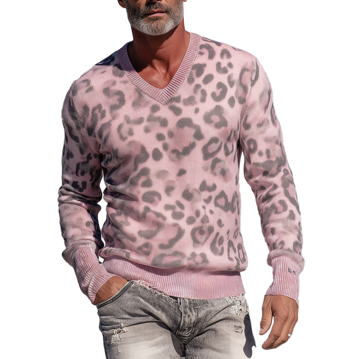 Pánský Pletený Svetr s Leopardím Vzorem a Výstřihem do V MTA1431H1P