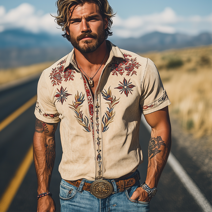 【24-hodinové odesílání】Pánská košile s krátkým rukávem v retro western stylu, semišová, vyšívaná, na jaro/léto MTA1533D2K