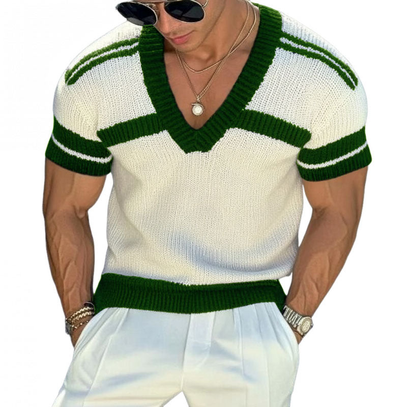 【24-hodinové dodání】Pánský casual svetr s výstřihem do V, slim fit, krátké rukávy, T-shirt pletenina 13072472M