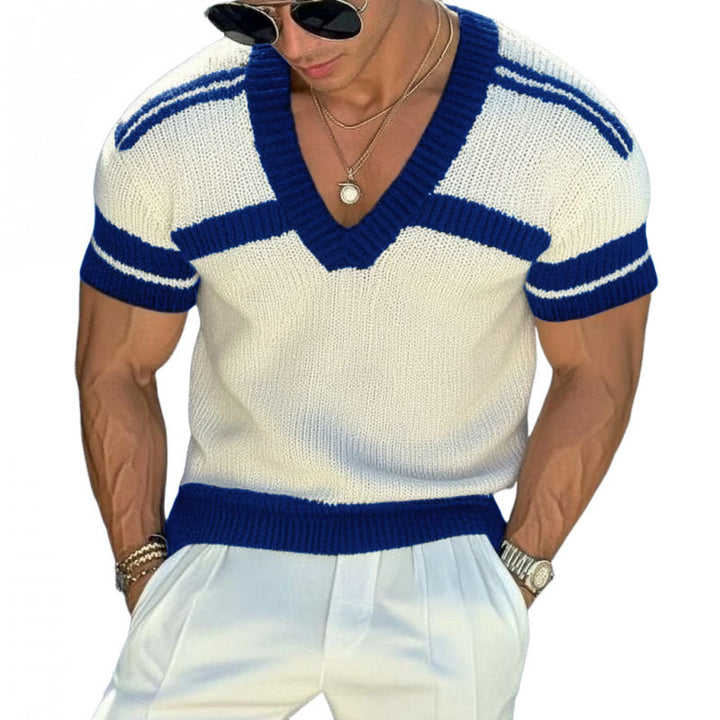 【24-hodinové dodání】Pánský casual svetr s výstřihem do V, slim fit, krátké rukávy, T-shirt pletenina 13072472M