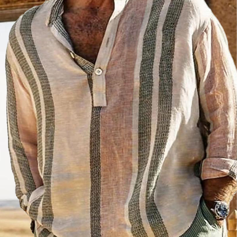 Pánská pruhovaná lněná košile s výstřihem do V 98320759X