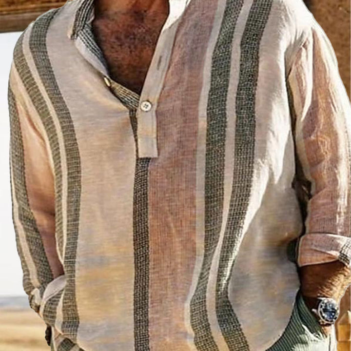 Pánská pruhovaná lněná košile s výstřihem do V 98320759X