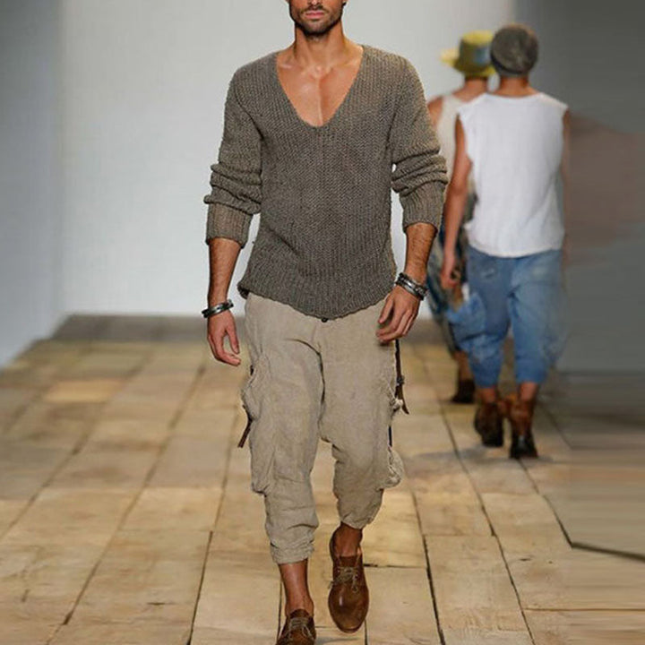 Pánský svetr s volným pletením a výstřihem do V v jednolité barvě 18392900M