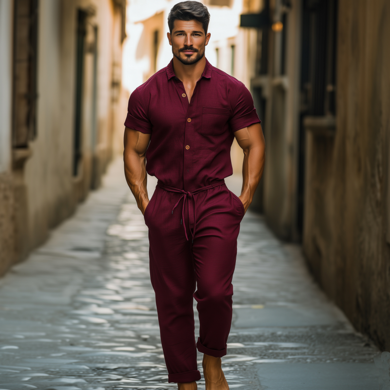 Pánský Casual Prodyšný Bavlněno-Lněný Kombinéza s Límcem a Kapsami na Krátkých Rukávech MTA1395F0M