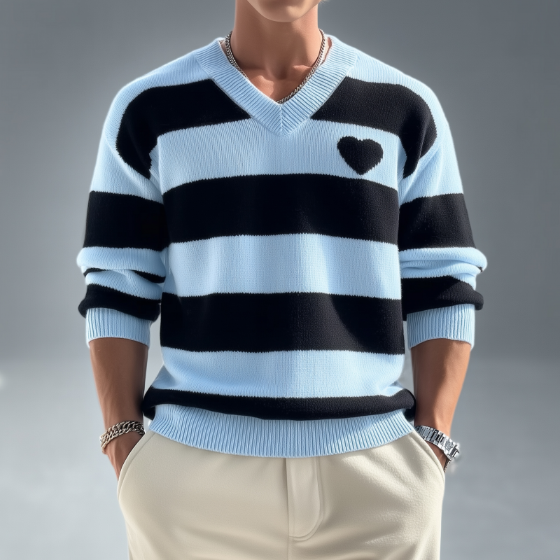 Pánský casual svetr s výstřihem do V, volný, pletený, dlouhý rukáv MTA3127G5M