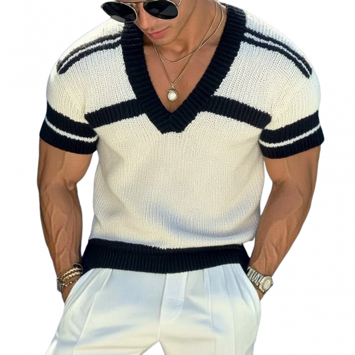 【24-hodinové dodání】Pánský casual svetr s výstřihem do V, slim fit, krátké rukávy, T-shirt pletenina 13072472M