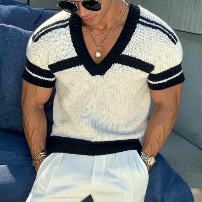 【24-hodinové dodání】Pánský casual svetr s výstřihem do V, slim fit, krátké rukávy, T-shirt pletenina 13072472M