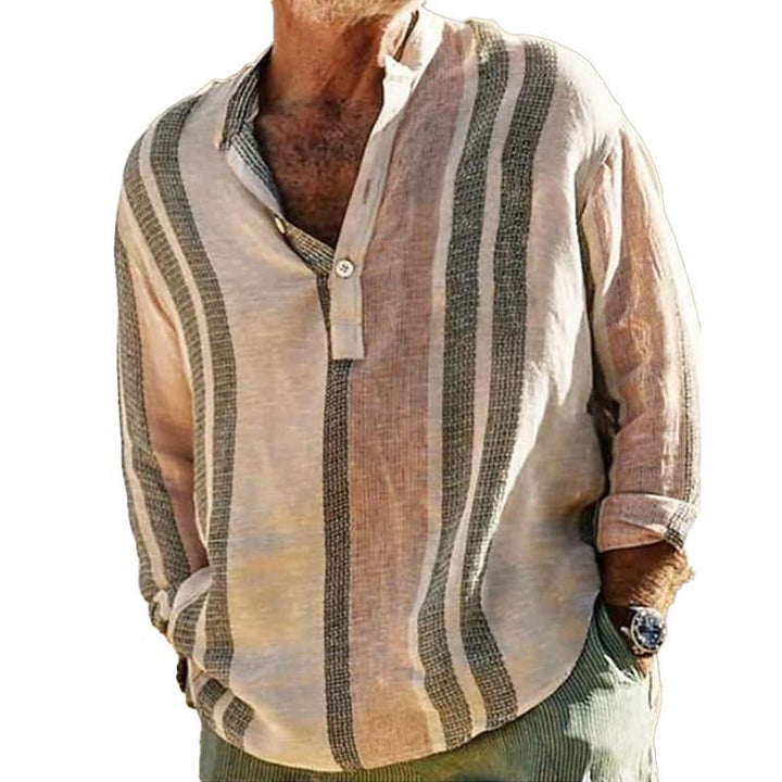 Pánská pruhovaná lněná košile s výstřihem do V 98320759X