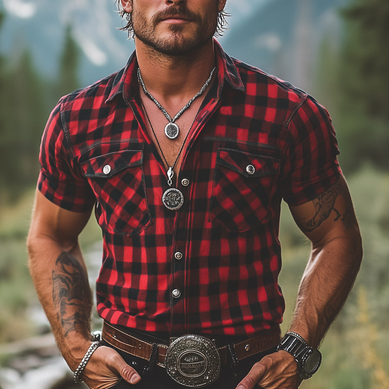 Pánská letní retro košile s kostkovaným vzorem v červeno-černé barvě s knoflíky a krátkým rukávem MTA2678E3U