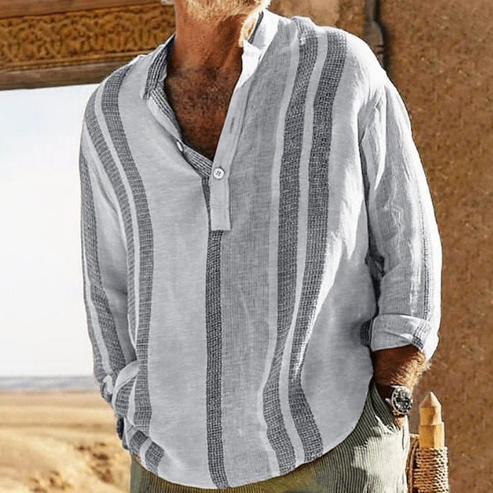 Pánská pruhovaná lněná košile s výstřihem do V 98320759X