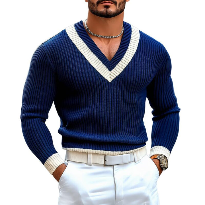 Pánský Vintage Kontrastní Svetr s V-výstřihem, Slim Fit, Dlouhý Rukáv MTA2709H9M