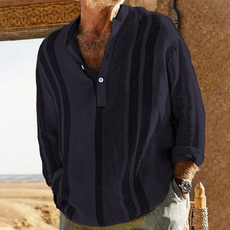 Pánská pruhovaná lněná košile s výstřihem do V 98320759X