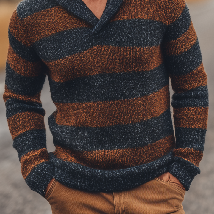 Pánský klasický casual svetr s výstřihem do V v kontrastních pruzích, slim-fit MTA3077H8K