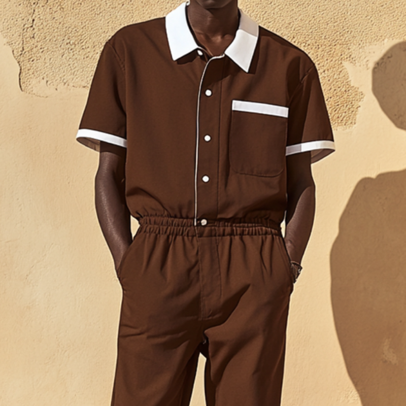 Pánský Casualový Kombinéza z Bavlny s Barevnými Bloky, s Límcem a Kapsami, Krátký Rukáv, Slim MTA2694E2M