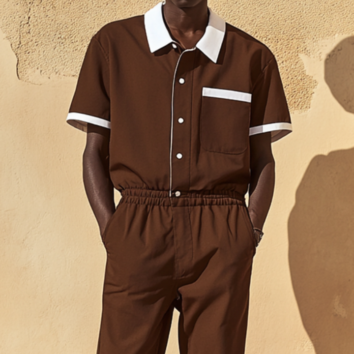 Pánský Casualový Kombinéza z Bavlny s Barevnými Bloky, s Límcem a Kapsami, Krátký Rukáv, Slim MTA2694E2M