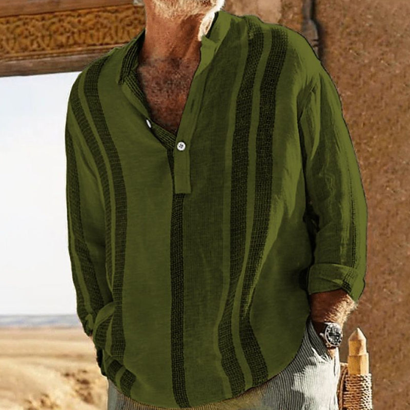 Pánská pruhovaná lněná košile s výstřihem do V 98320759X