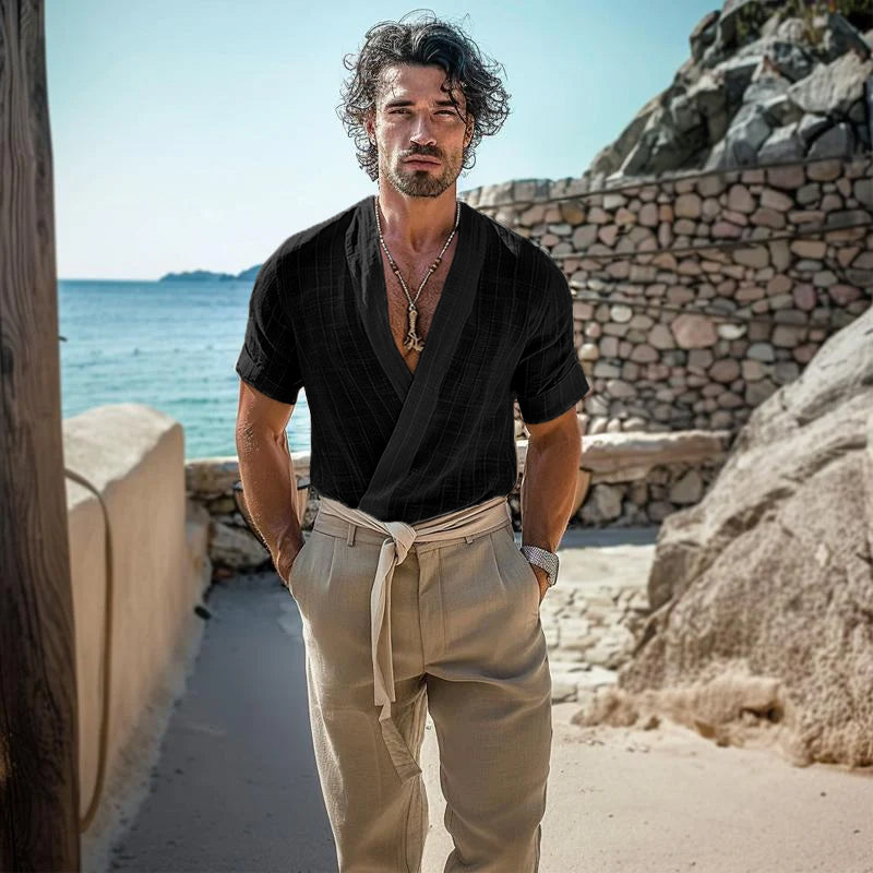 Pánské tričko s krátkým rukávem v retro stylu, kulatý výstřih, surové zakončení 58726427Y