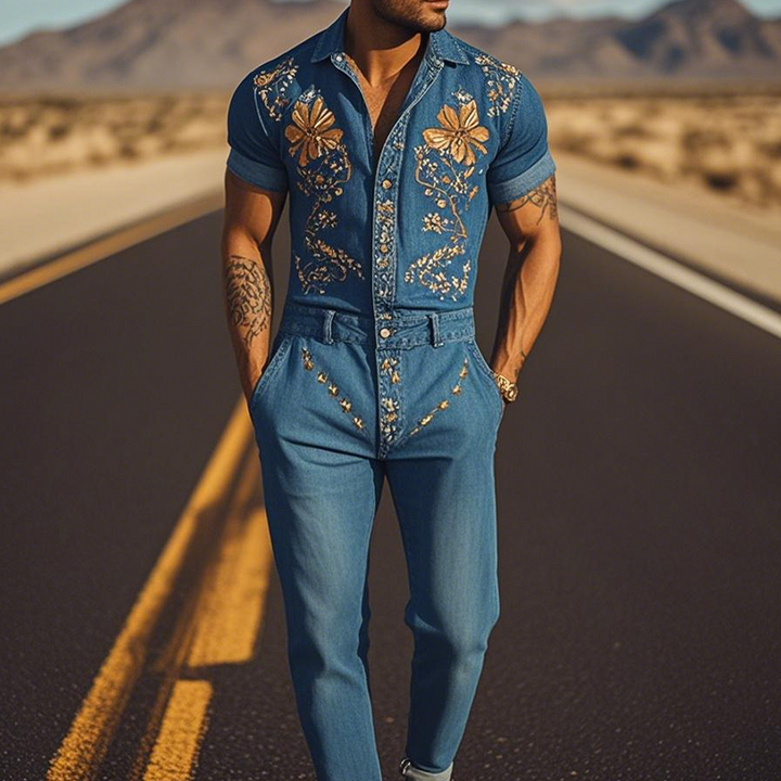 【24-hodinové odesílání】Pánská letní móda casual klasický styl western Tencel džíny vyšívaný overal MTA1244D2K
