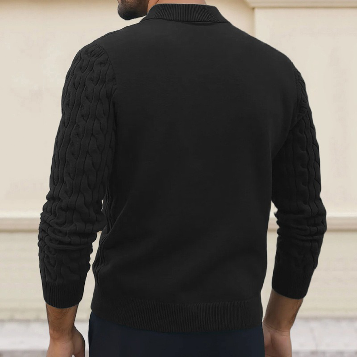 Pánský polo svetr s výstřihem, slim fit, v jednobarevném provedení, s pletenou texturou MTA1373H6X