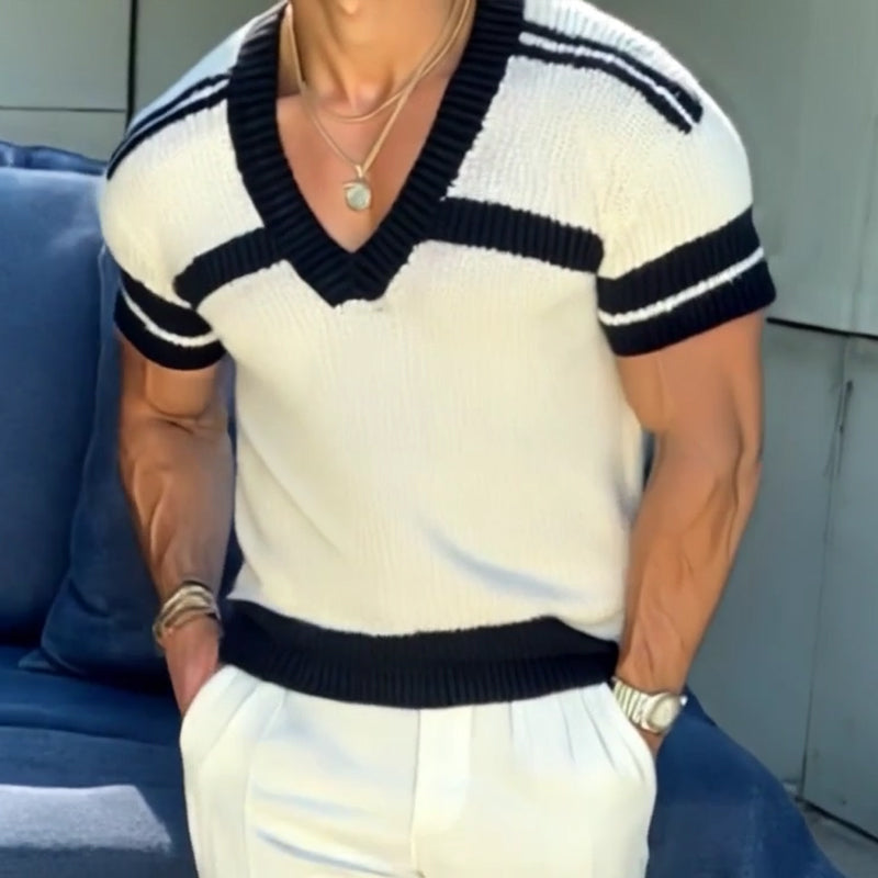 【24-hodinové dodání】Pánský casual svetr s výstřihem do V, slim fit, krátké rukávy, T-shirt pletenina 13072472M