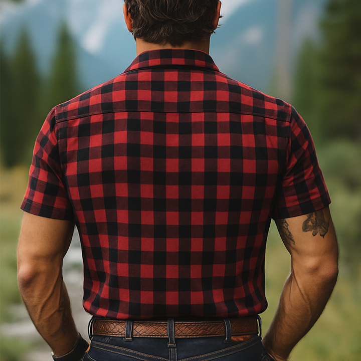 Pánská letní retro košile s kostkovaným vzorem v červeno-černé barvě s knoflíky a krátkým rukávem MTA2678E3U