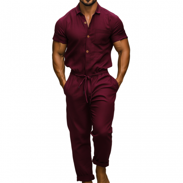 Pánský Casual Prodyšný Bavlněno-Lněný Kombinéza s Límcem a Kapsami na Krátkých Rukávech MTA1395F0M