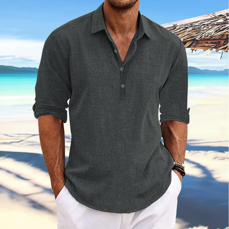 Pánská Casual Košile Pullover s Límcem, Rukávy z Lnu a Bavlny, Dlouhé Rukávy 41061054Y