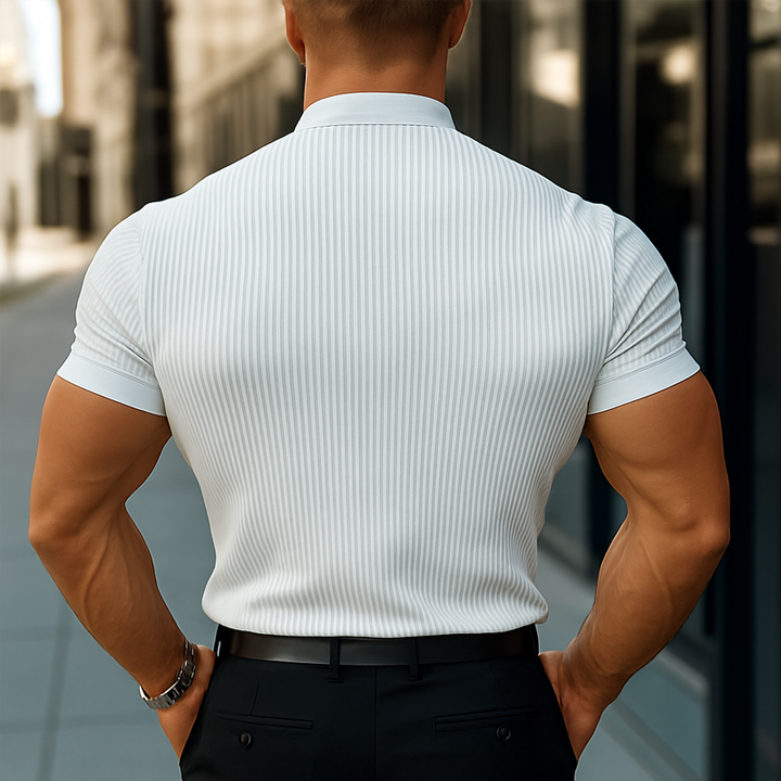 Pánská Košile Krátký Rukáv v Pásky se Stojacím Límcem MTA1770D4Z