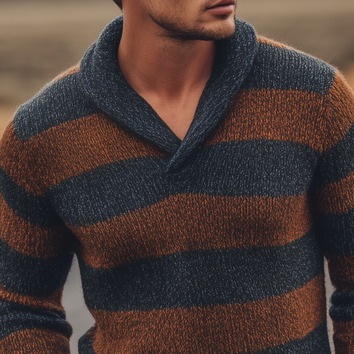 Pánský klasický casual svetr s výstřihem do V v kontrastních pruzích, slim-fit MTA3077H8K