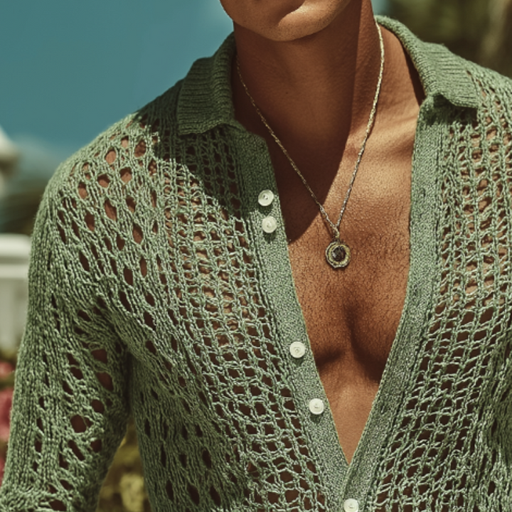 Pánská Retro Casual Hollow Knit Košile s Dlouhým Rukávem MTA2892G7TO