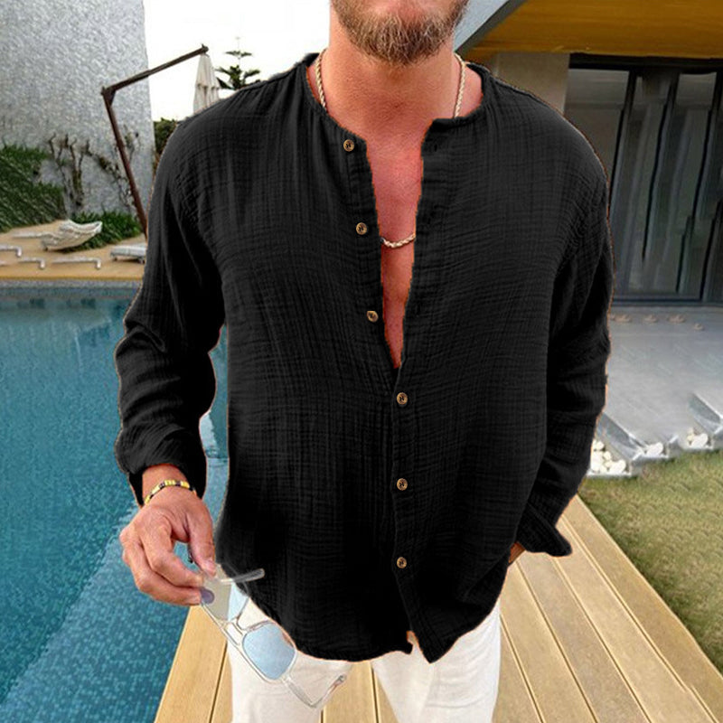 Pánská košile z bavlny a lnu v jednobarevném provedení s dlouhým rukávem 37130279X