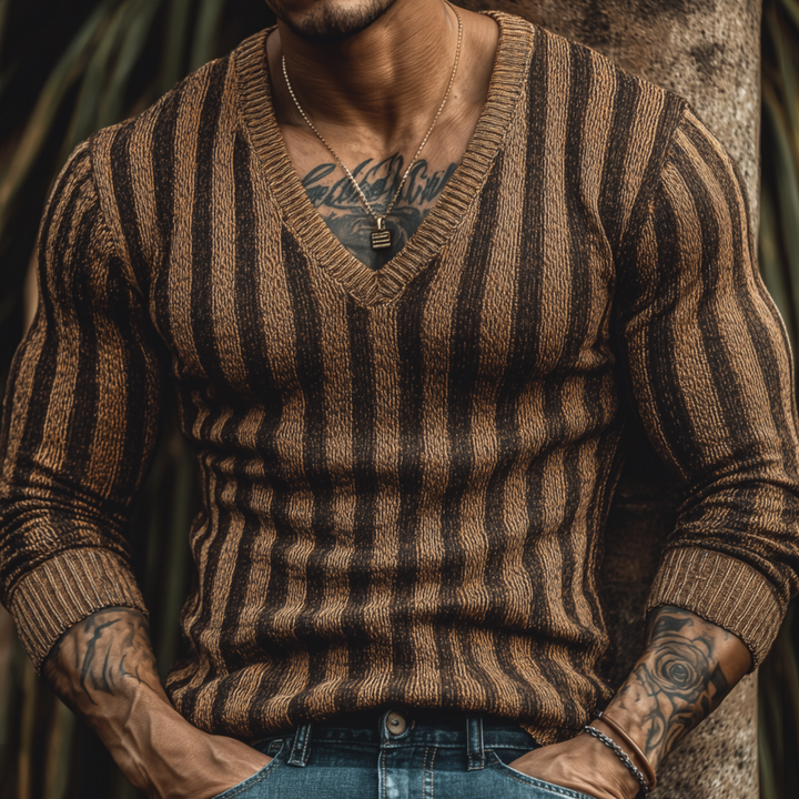 Pánský Vintage Kontrastní Svetr s Vertikálními Pásky ve Výstřihu Slim Fit MTA1877H4M