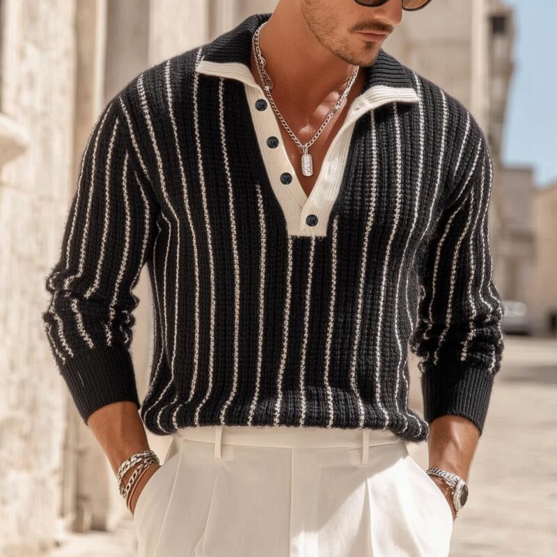 Pánský svetr polo s kontrastními pruhy, prodyšný, volný pulovr MTA2815H4M