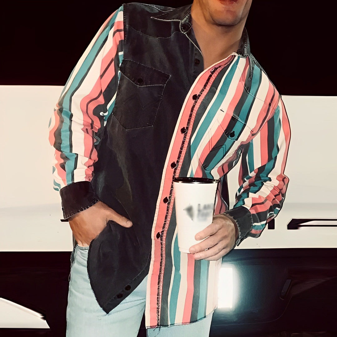 Pánská retro košile s potiskem v barevných blocích, volná, s dlouhým rukávem 57994496M