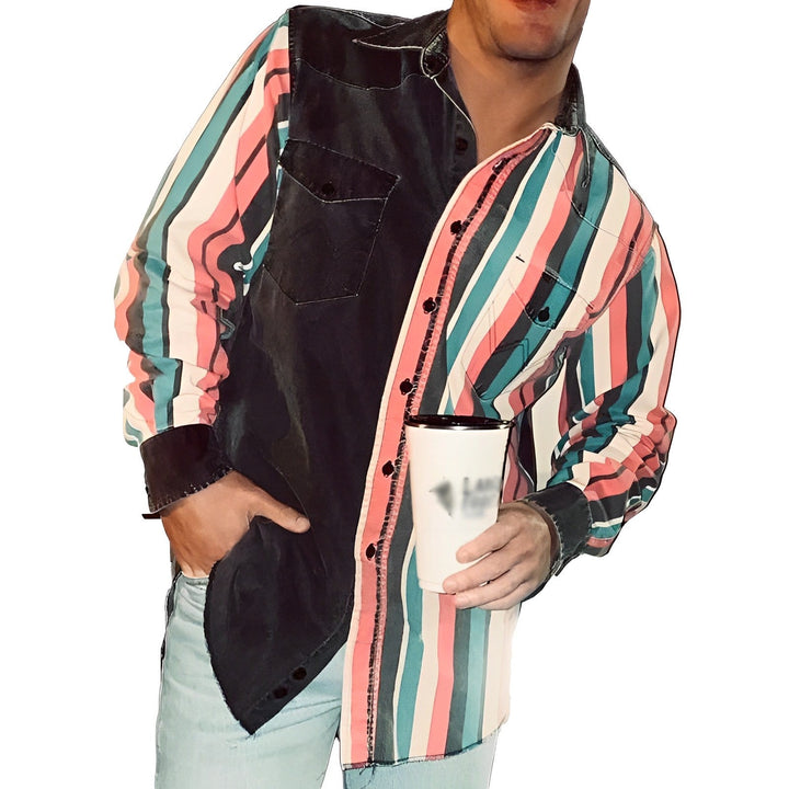 Pánská retro košile s potiskem v barevných blocích, volná, s dlouhým rukávem 57994496M