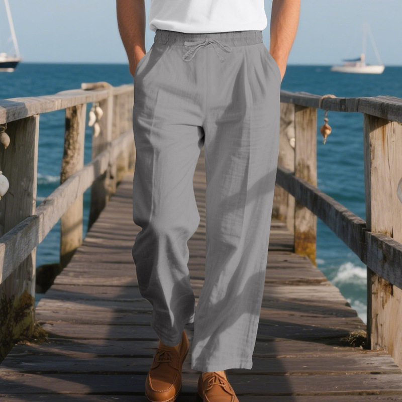 Pánské Bavlněné a Lněné Kalhoty v Jednoduché Barvě s Elastickým Pasem MTA2244G3X