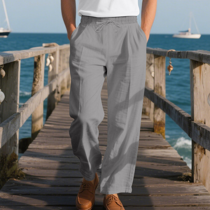 Pánské Bavlněné a Lněné Kalhoty v Jednoduché Barvě s Elastickým Pasem MTA2244G3X