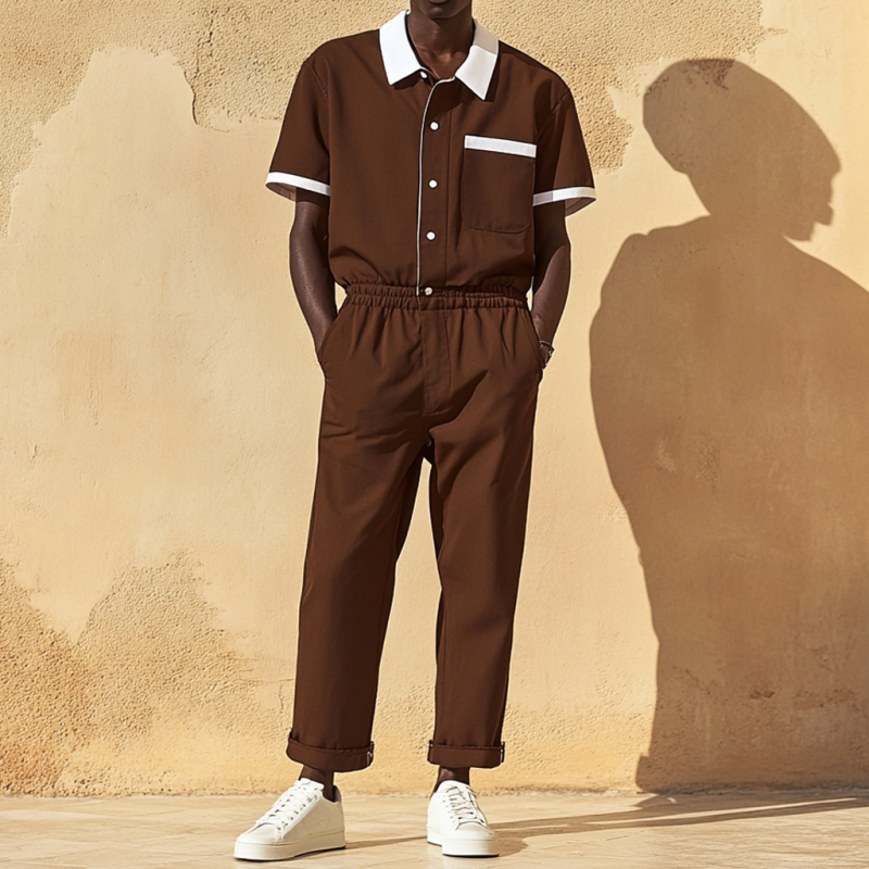 Pánský Casualový Kombinéza z Bavlny s Barevnými Bloky, s Límcem a Kapsami, Krátký Rukáv, Slim MTA2694E2M