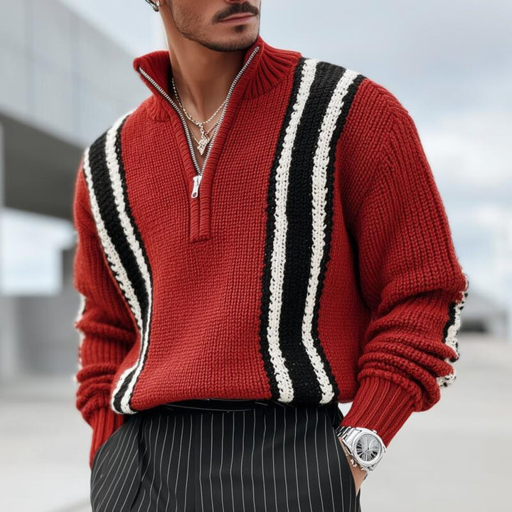 Pánský Vintage Kontrastní Svetr z Prodyšné Pleteniny se Zapínáním na Zip a Stojacím Límcem MTA2841H3M