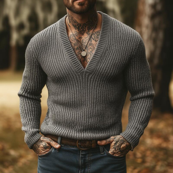 Pánský svetr s výstřihem do V, prodyšný, slim fit, jednobarevný MTA2855H8M