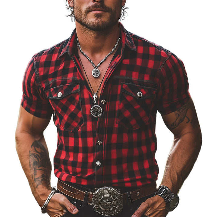Pánská letní retro košile s kostkovaným vzorem v červeno-černé barvě s knoflíky a krátkým rukávem MTA2678E3U