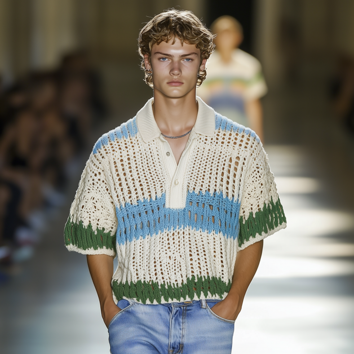 Pánská casual polo tričko s kontrastním pruhem, volné, krátký rukáv, MTA1038F9M