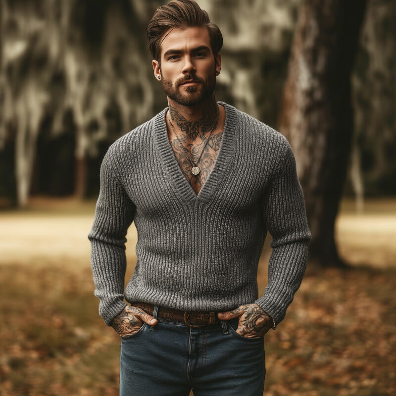 Pánský svetr s výstřihem do V, prodyšný, slim fit, jednobarevný MTA2855H8M