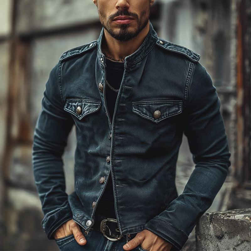 Pánská Vintage Džínová Bunda s Stojacím Límcem 75697045X