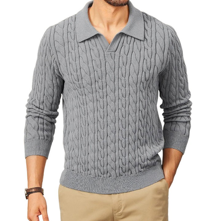 Pánský polo svetr s výstřihem, slim fit, v jednobarevném provedení, s pletenou texturou MTA1373H6X