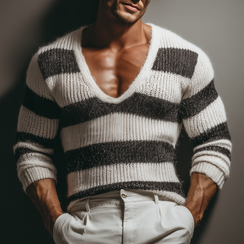 Pánský Casual Svetr s Hlubokým Výstřihem do V a Kontrastními Pásky Slim Fit s Dlouhým Rukávem MTA3152G3M